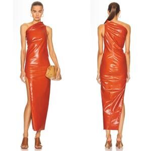 Rick Owens Athena One Shoulder Coated Denim Orange Bodycon Midi Dress Size 6